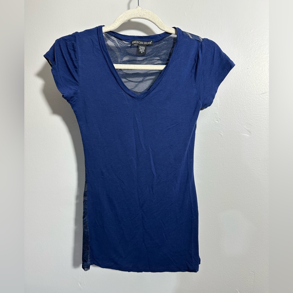 American Dream Women’s S Sheer Back Blue Short Sleeve T-shirt | SKU 0935